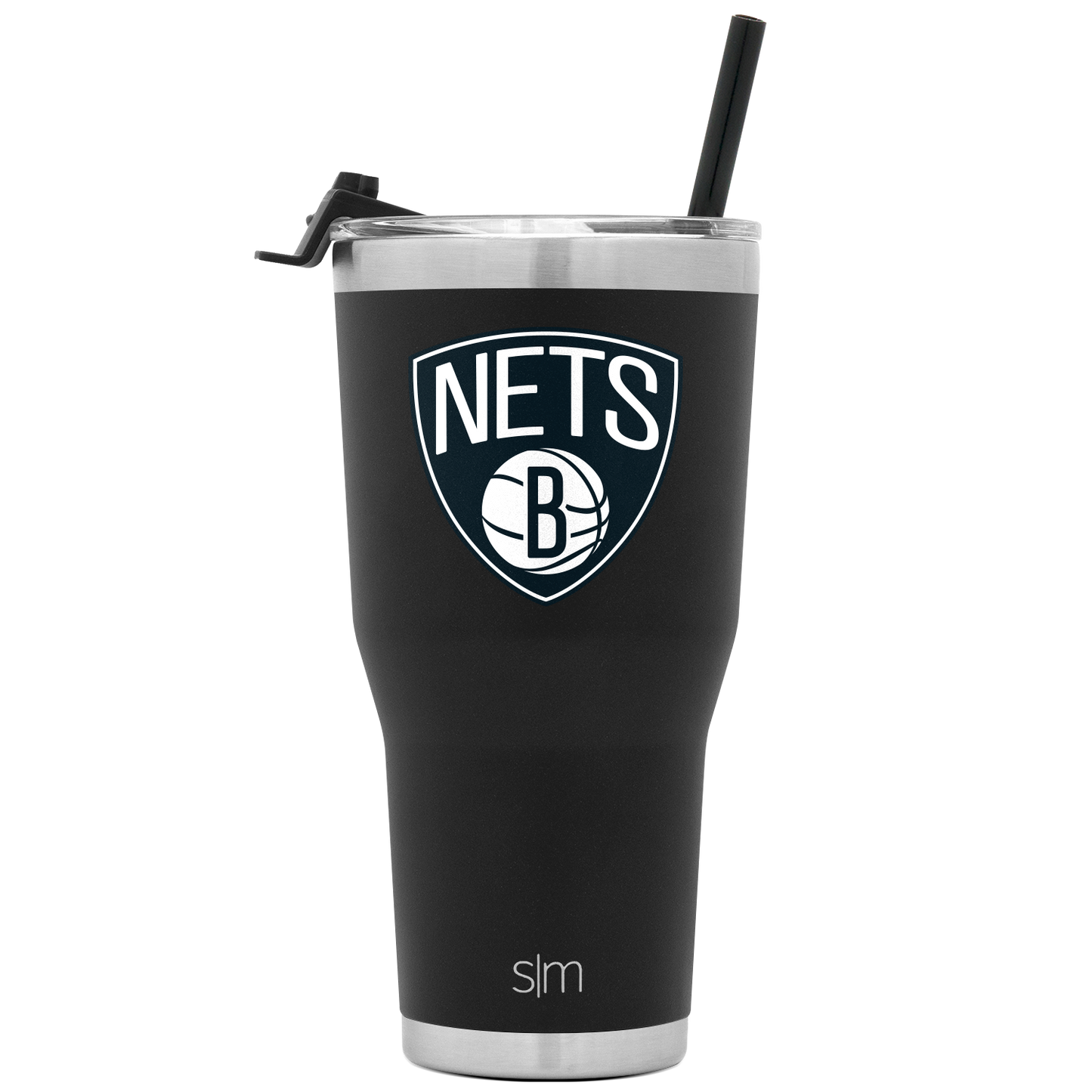 Black stainless steel tumbler with brushed metallic rim and base, featuring a white Brooklyn Nets logo