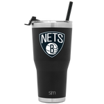 Black stainless steel tumbler with brushed metallic rim and base, featuring a white Brooklyn Nets logo