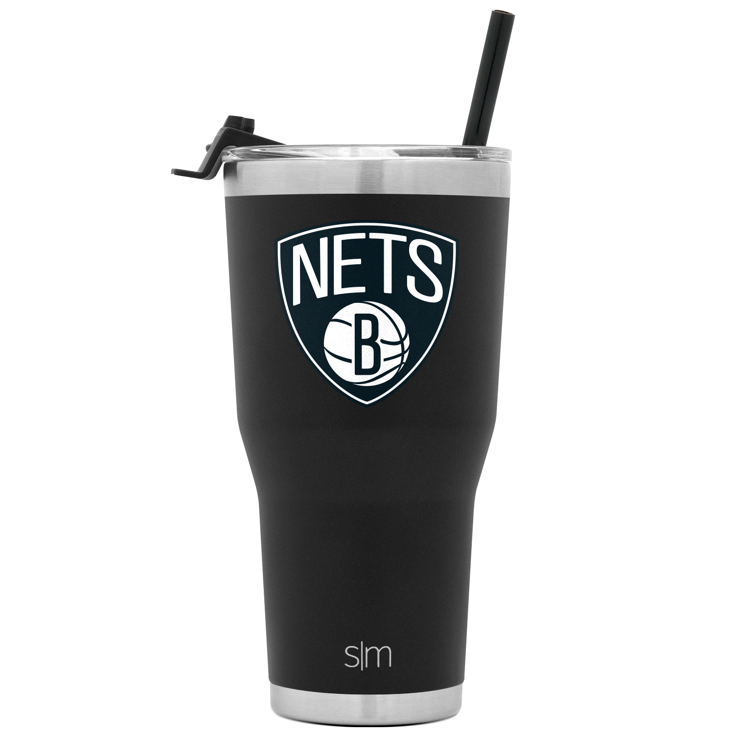Black stainless steel tumbler with brushed metallic rim and base, featuring a white Brooklyn Nets logo