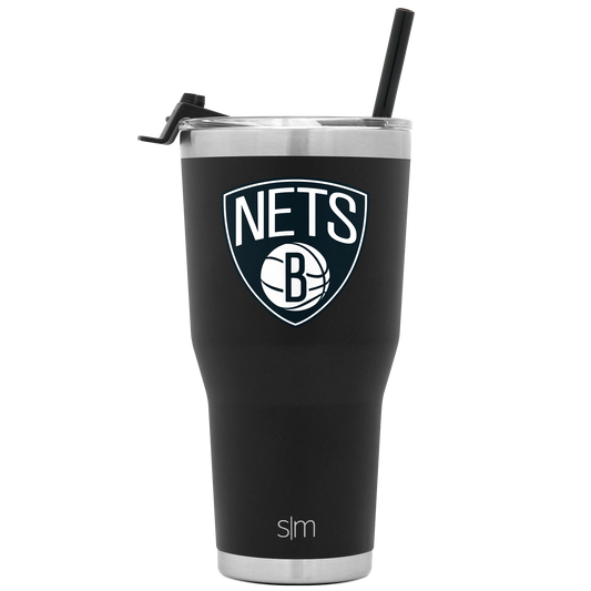 Black stainless steel tumbler with brushed metallic rim and base, featuring a white Brooklyn Nets logo