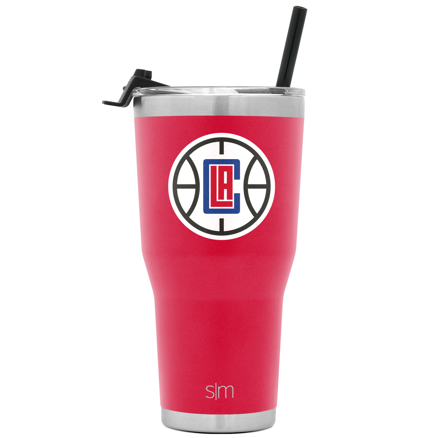 Hot pink coral tumbler with brushed stainless steel silver bands at top and bottom, matching metallic lid and straw included.