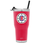 Hot pink coral tumbler with brushed stainless steel silver bands at top and bottom, matching metallic lid and straw included.