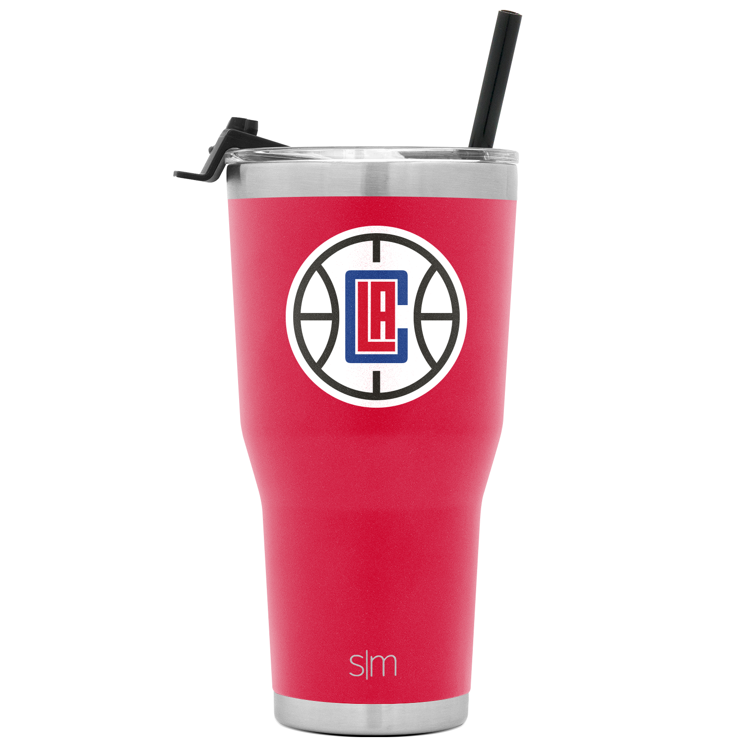 Hot pink coral tumbler with brushed stainless steel silver bands at top and bottom, matching metallic lid and straw included.