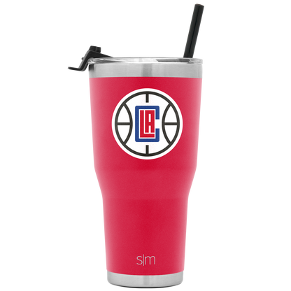 Hot pink coral tumbler with brushed stainless steel silver bands at top and bottom, matching metallic lid and straw included.
