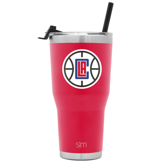 Hot pink coral tumbler with brushed stainless steel silver bands at top and bottom, matching metallic lid and straw included.