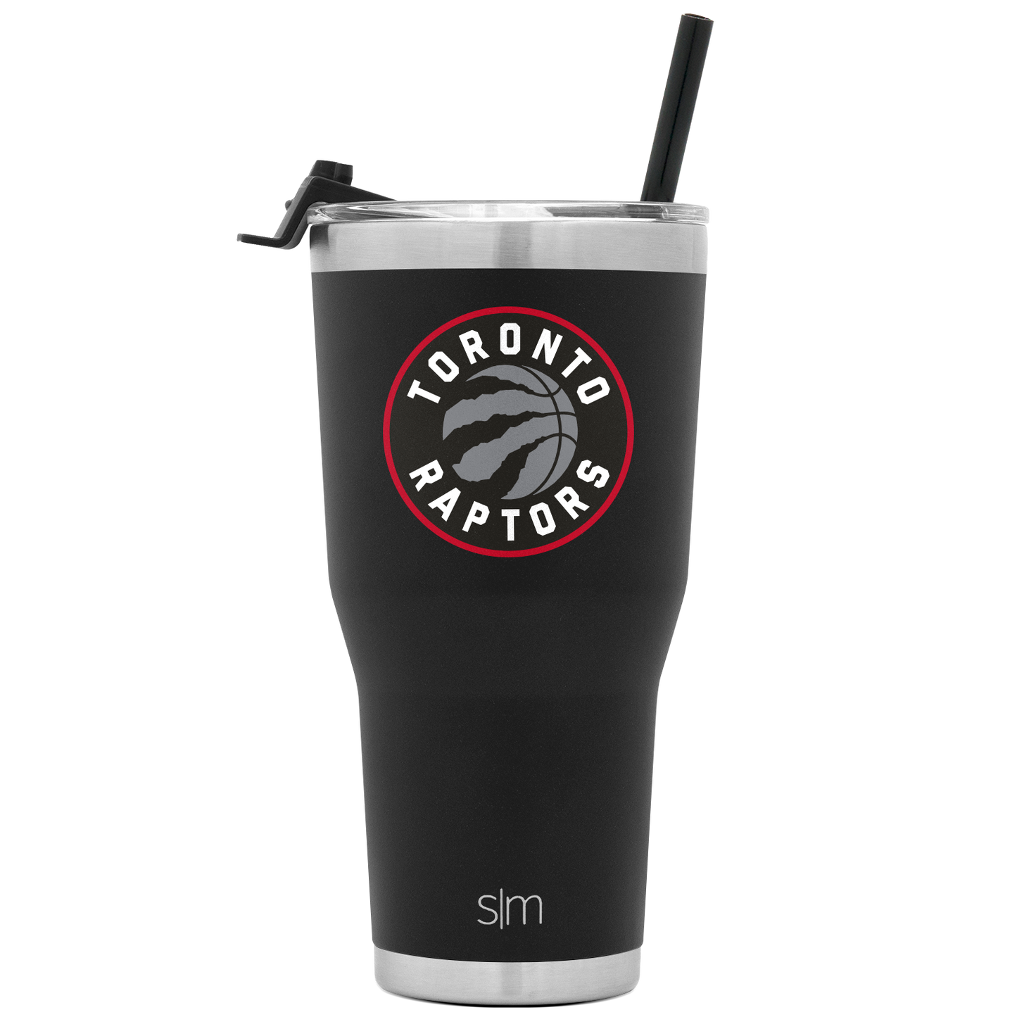 Matte black insulated tumbler with stainless steel silver rim accents at top and bottom edges, featuring a black lid.