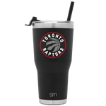 Matte black insulated tumbler with stainless steel silver rim accents at top and bottom edges, featuring a black lid.