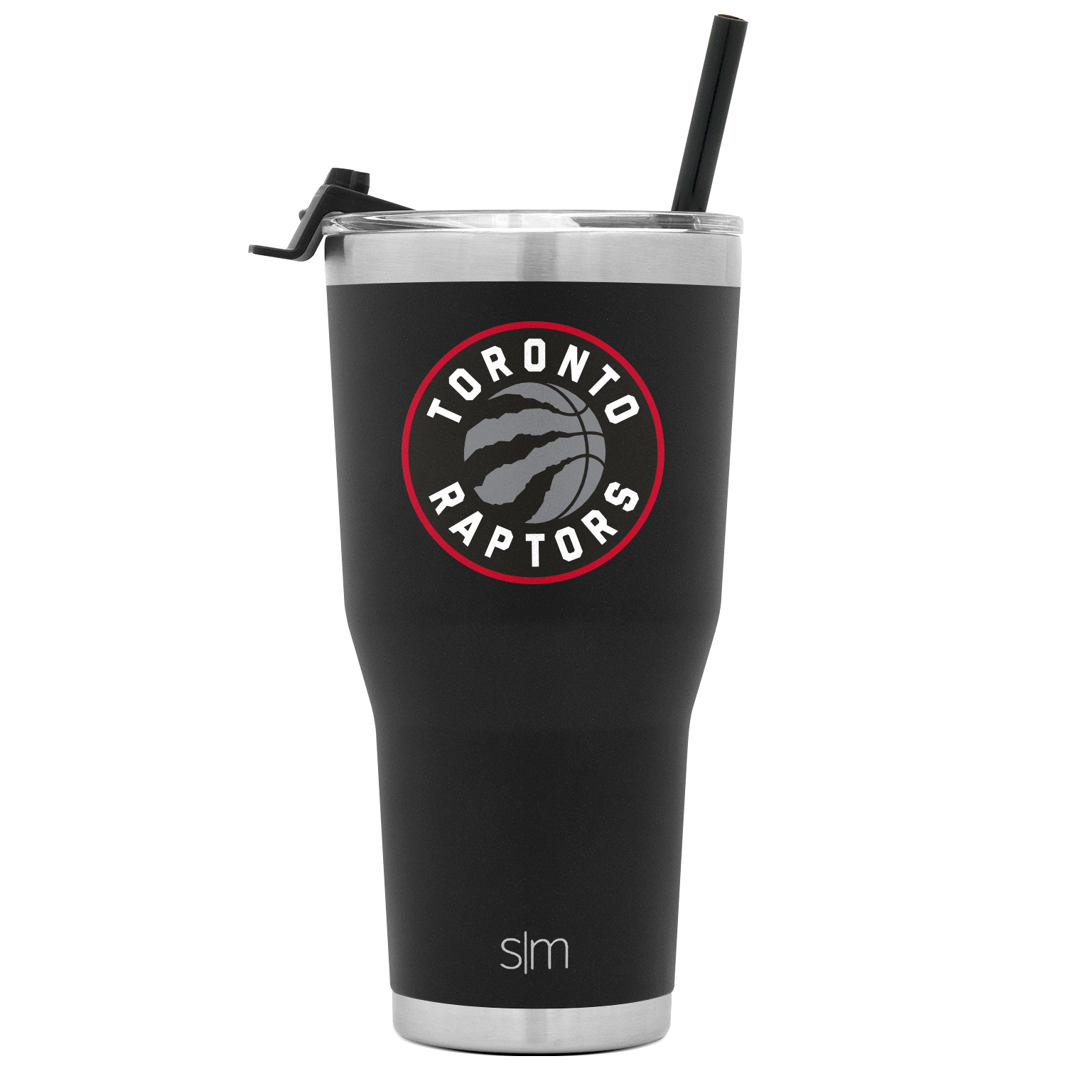 Matte black insulated tumbler with stainless steel silver rim accents at top and bottom edges, featuring a black lid.