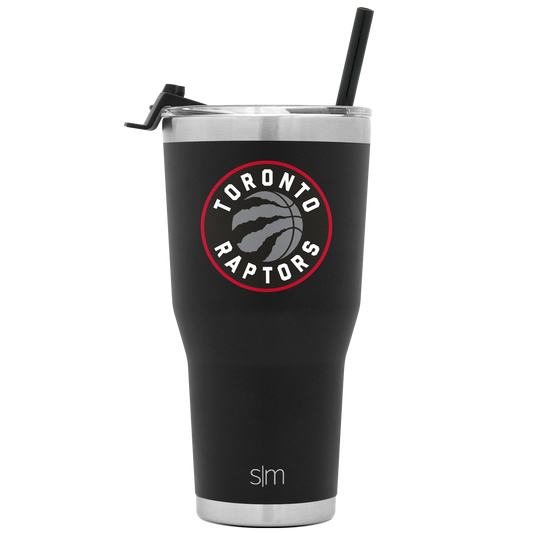 Matte black insulated tumbler with stainless steel silver rim accents at top and bottom edges, featuring a black lid.