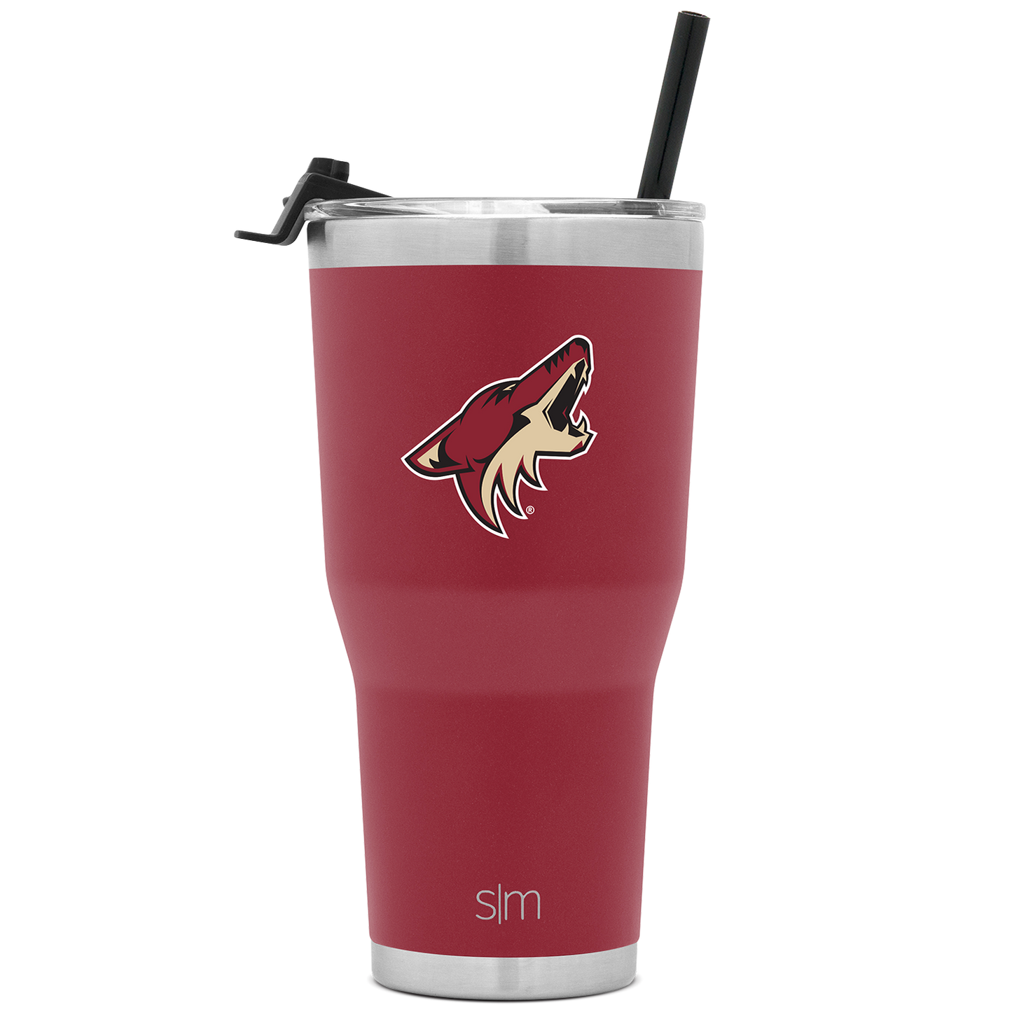 Deep burgundy insulated tumbler with silver stainless steel rim and base, photographed against white background
