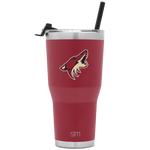 Deep burgundy insulated tumbler with silver stainless steel rim and base, photographed against white background