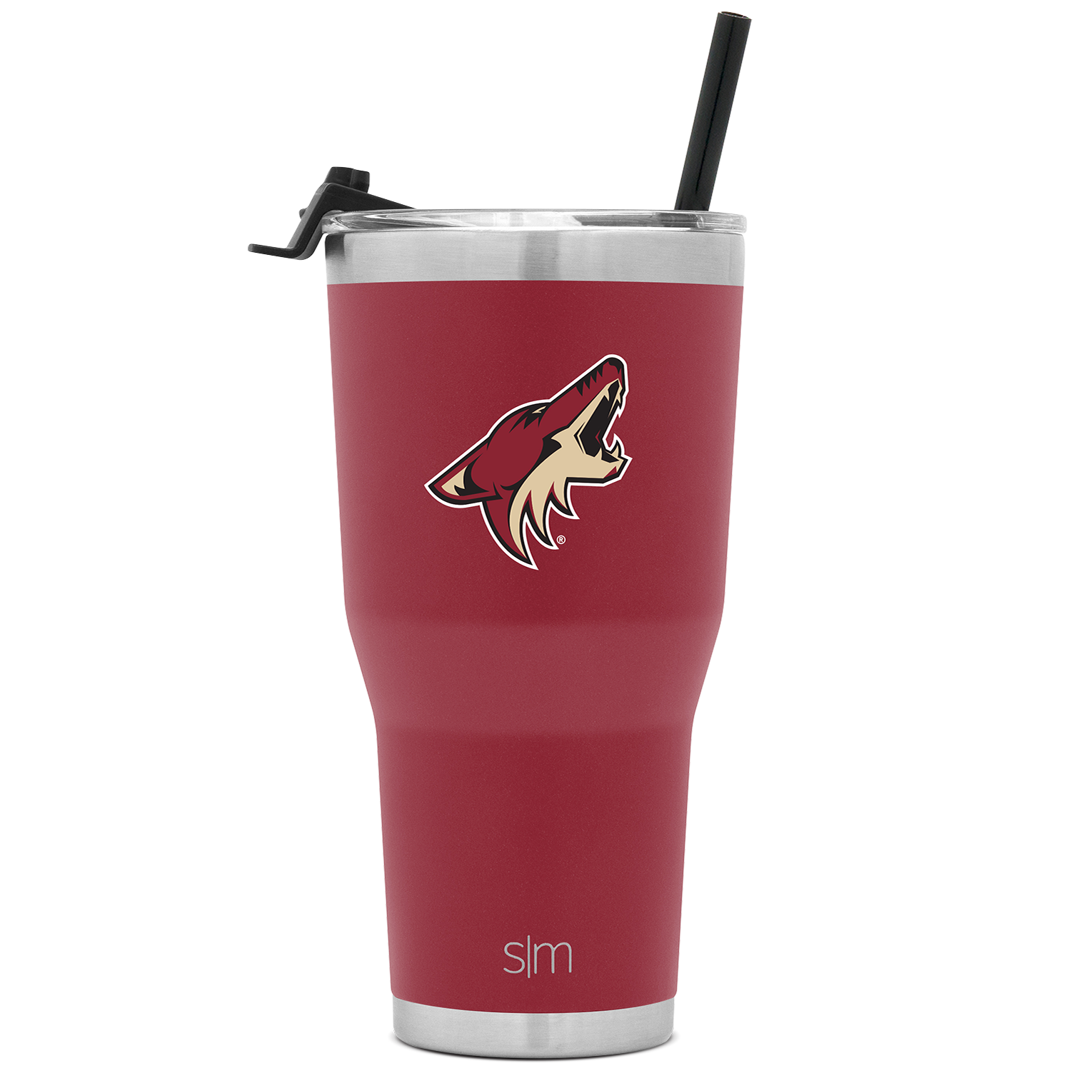 Deep burgundy insulated tumbler with silver stainless steel rim and base, photographed against white background