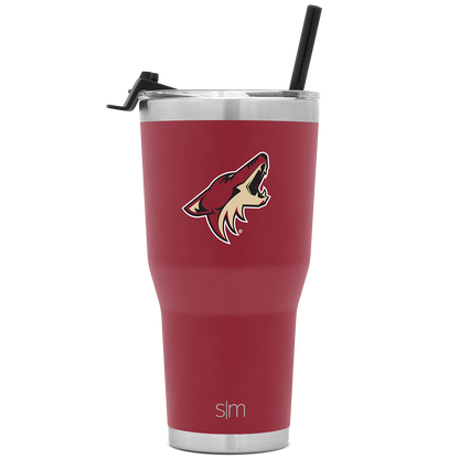 Deep burgundy insulated tumbler with silver stainless steel rim and base, photographed against white background