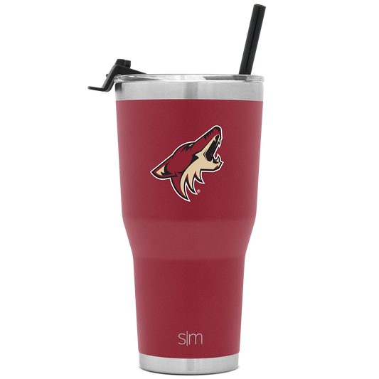 Deep burgundy insulated tumbler with silver stainless steel rim and base, photographed against white background