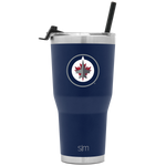 Deep navy blue tumbler with brushed stainless steel silver gray bands on top and bottom edges