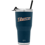 Deep teal insulated tumbler with brushed stainless steel rim bands at top and bottom, featuring metallic silver accents against the dark blue-green exterior finish.