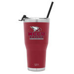 Burgundy tumbler with brushed stainless steel rim, lid, and base band, featuring a black straw