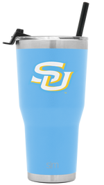 Simple Modern tumbler with sky blue body and brushed stainless steel rim