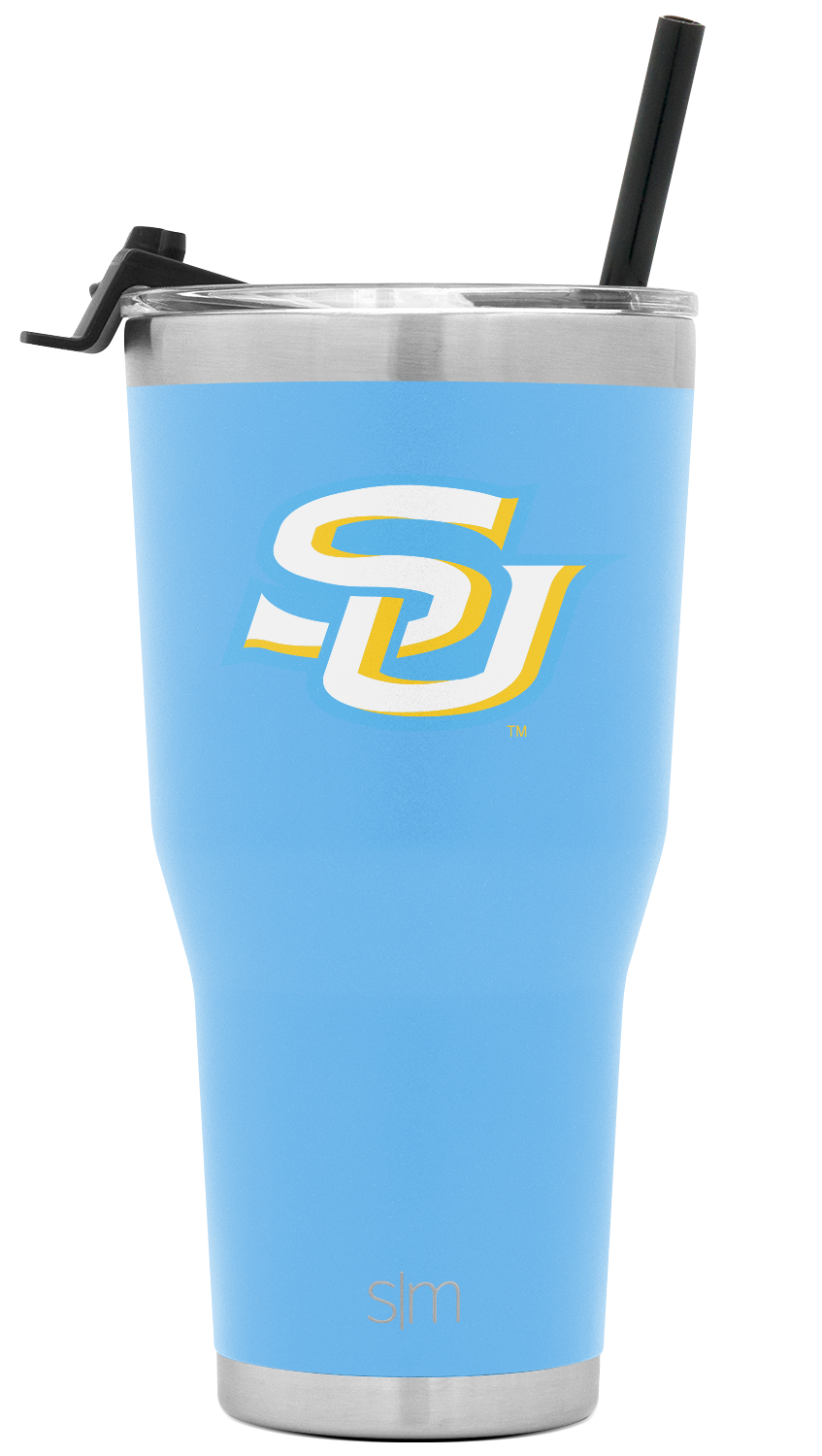 Simple Modern tumbler with sky blue body and brushed stainless steel rim