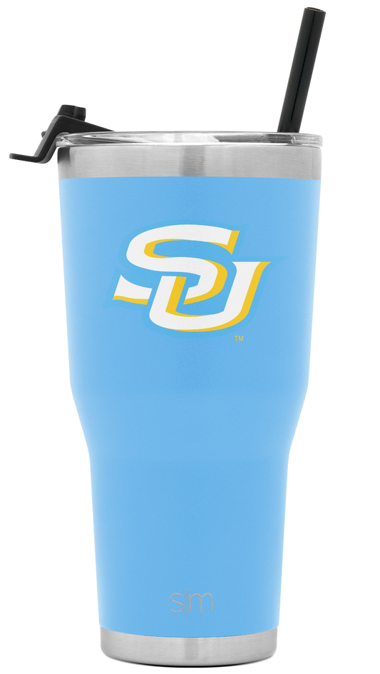 Simple Modern tumbler with sky blue body and brushed stainless steel rim