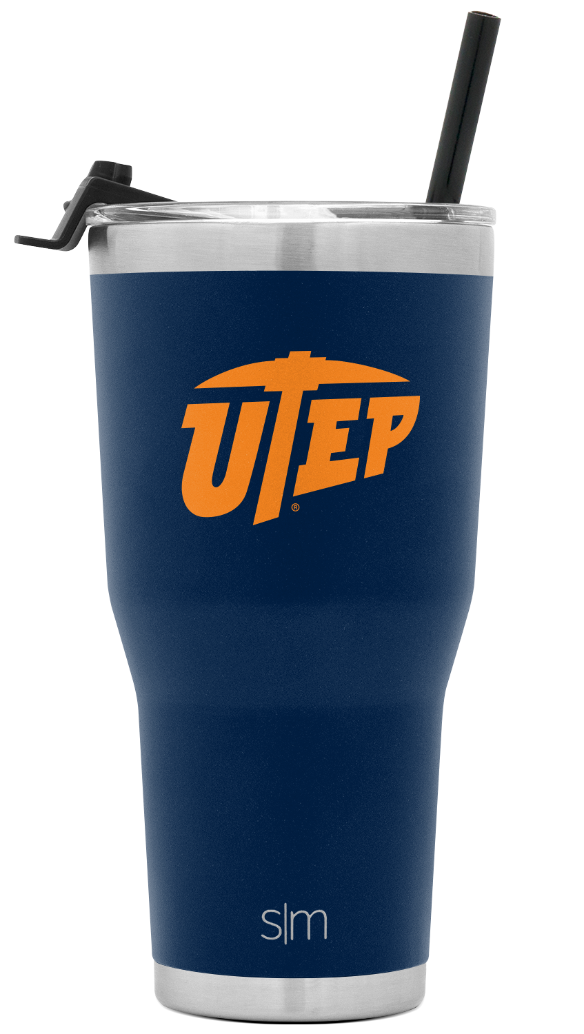 Navy blue insulated tumbler with brushed stainless steel rim and base, featuring bright orange UTEP logo graphics