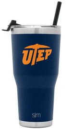 Navy blue insulated tumbler with brushed stainless steel rim and base, featuring bright orange UTEP logo graphics