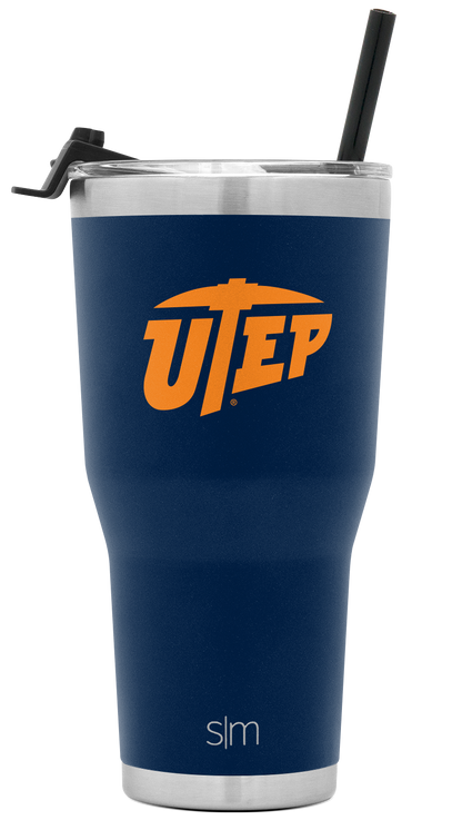 Navy blue insulated tumbler with brushed stainless steel rim and base, featuring bright orange UTEP logo graphics