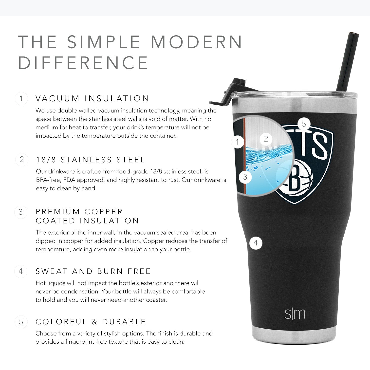 Matte black insulated tumbler with metallic silver stainless steel bands at rim and base on white background