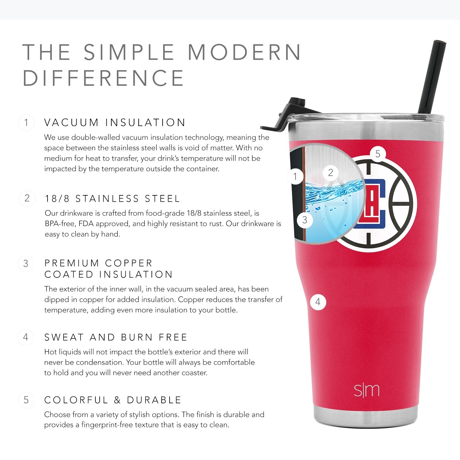 Hot pink stainless steel tumbler with lid and silver rim on white background