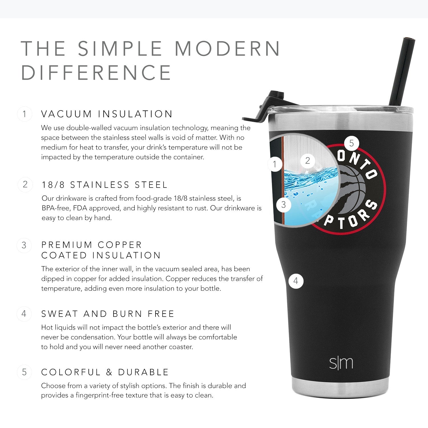Black tumbler with brushed stainless steel rim accents on light gray background