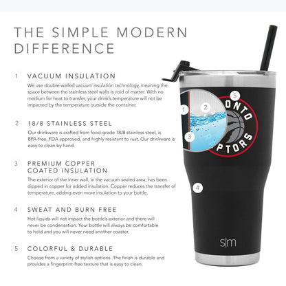 Black tumbler with brushed stainless steel rim accents on light gray background