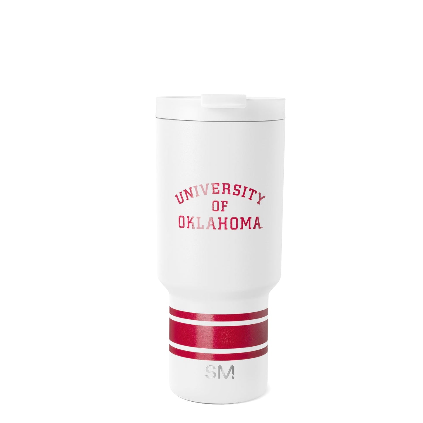 White insulated tumbler with crimson red horizontal stripes and red text design