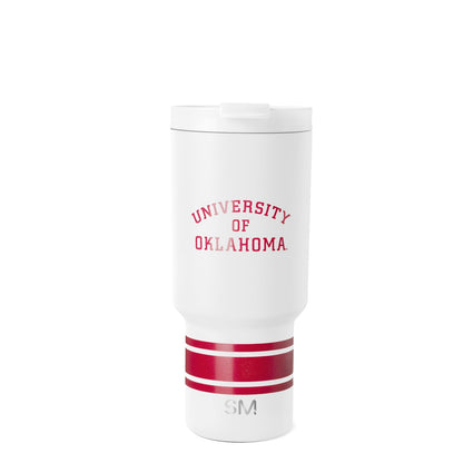 White insulated tumbler with crimson red horizontal stripes and red text design