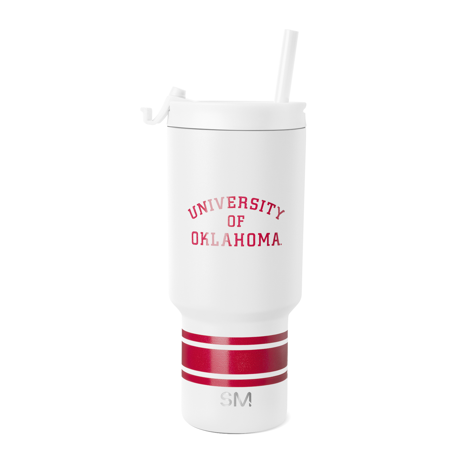 White insulated tumbler with crimson red horizontal stripes on lower section and metallic silver accents