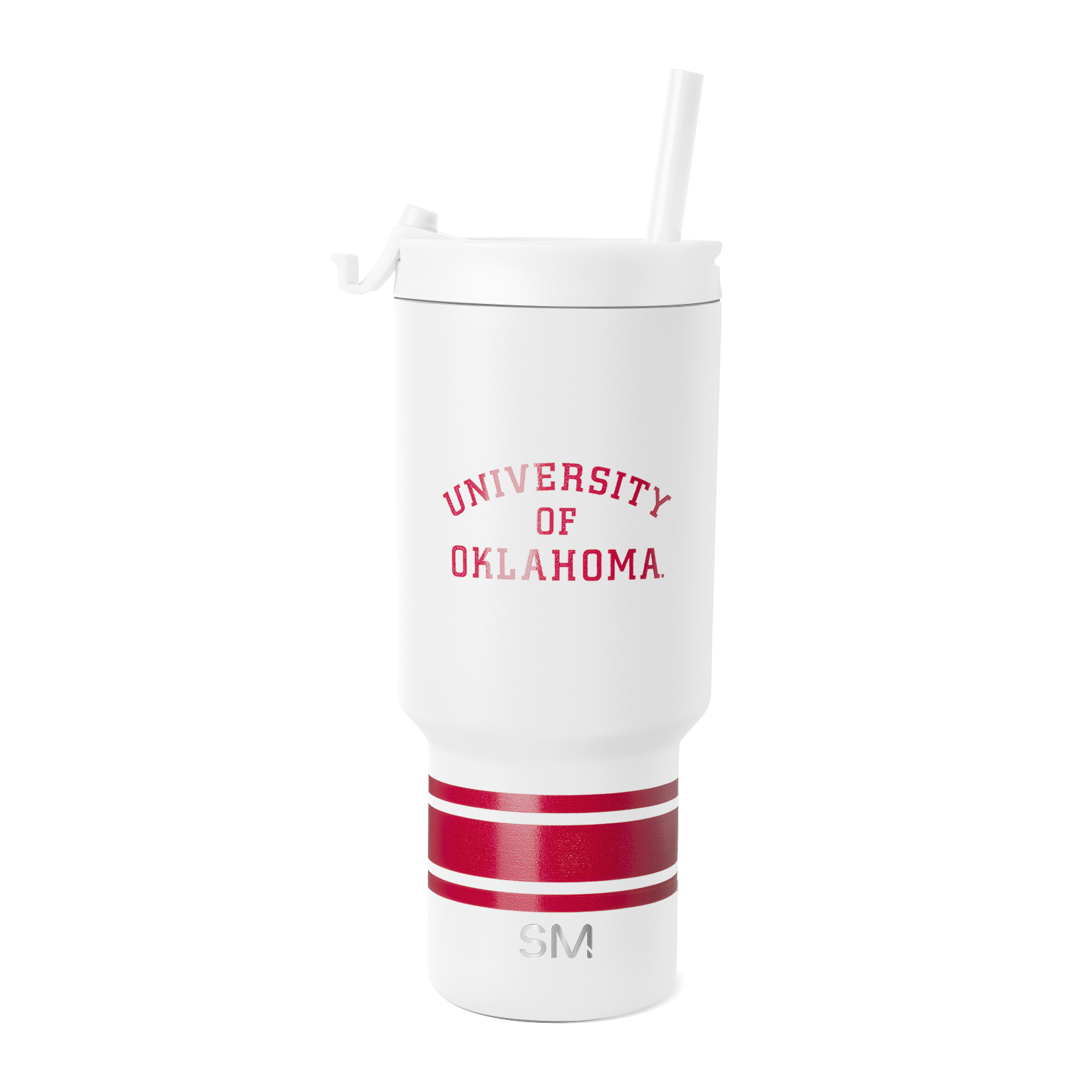 White insulated tumbler with crimson red horizontal stripes on lower section and metallic silver accents