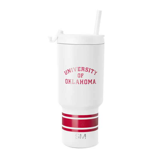 White insulated tumbler with crimson red horizontal stripes on lower section and metallic silver accents