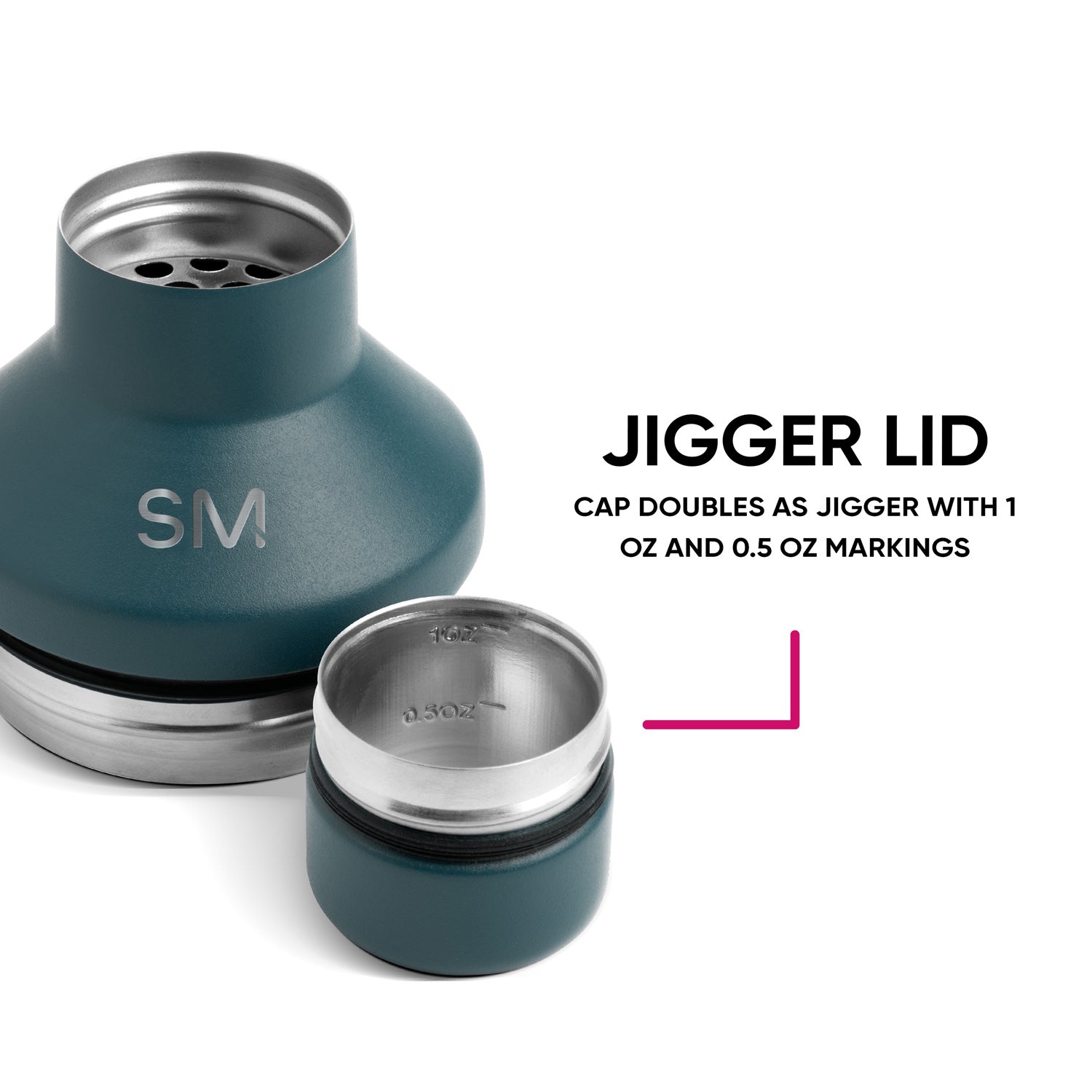 Classic stainless steel cocktail shaker with teal rubber-coated exterior and matching jigger measuring tool on white background.