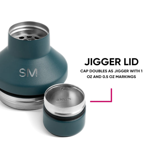 Classic stainless steel cocktail shaker with teal rubber-coated exterior and matching jigger measuring tool on white background.