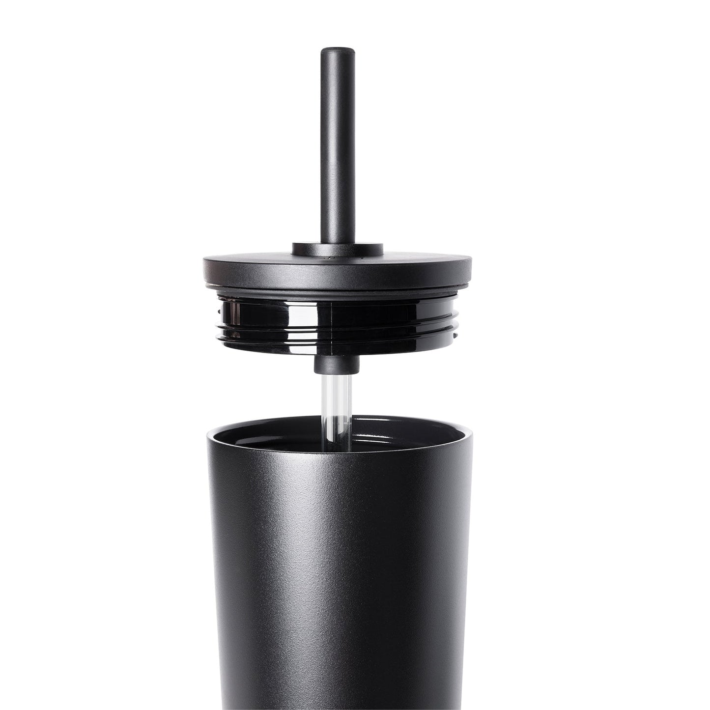 Black matte finish insulated tumbler with white lid on white background, featuring classic signature design and clean minimalist styling.