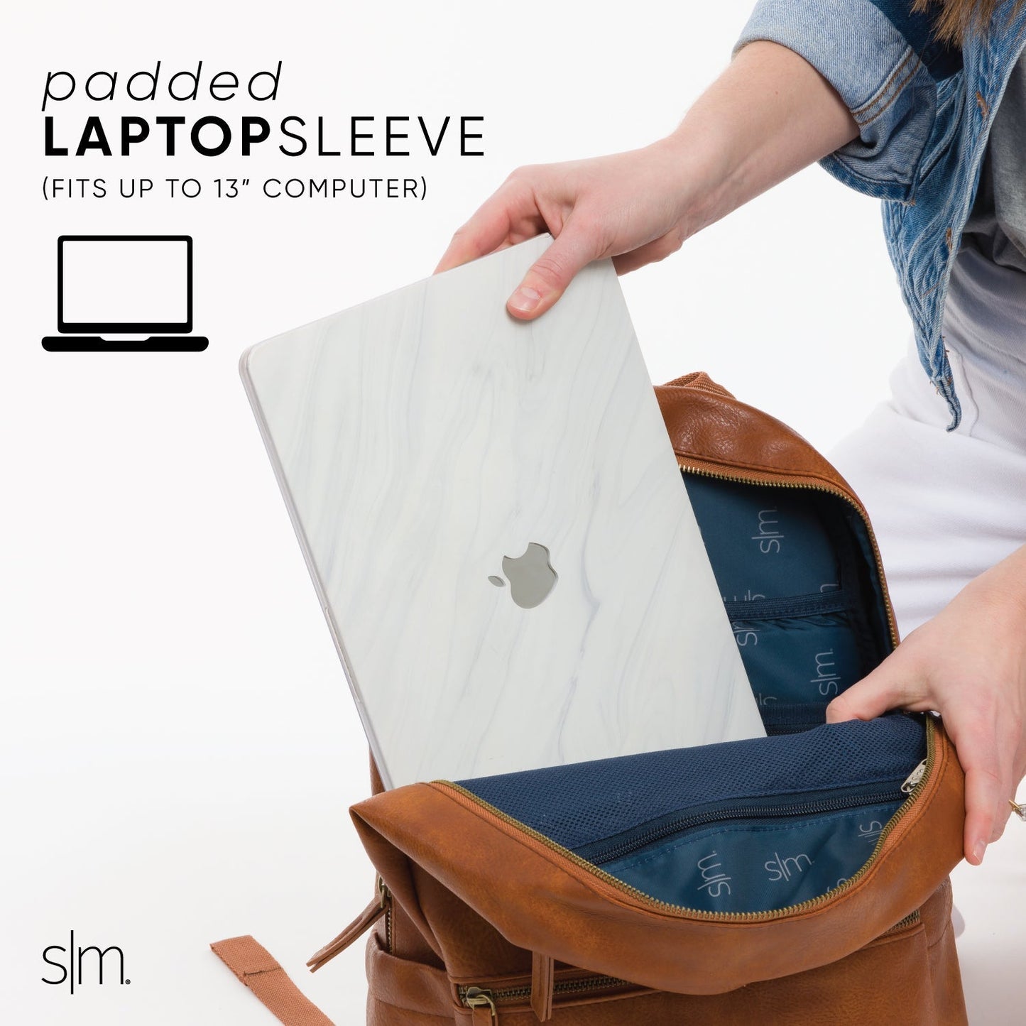 Brown leather laptop sleeve with navy blue and cream accents, front view