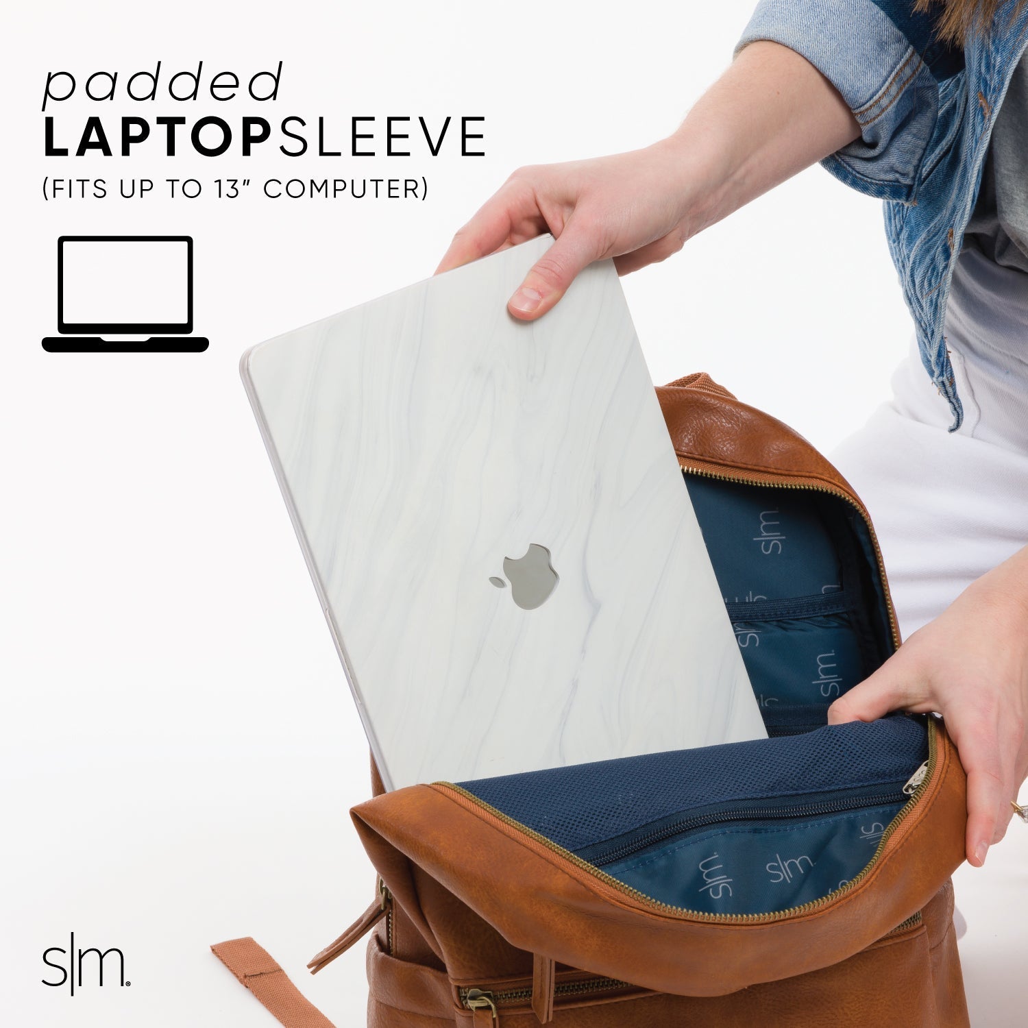 Brown leather laptop sleeve with navy blue and cream accents, front view