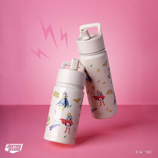 Two white water bottles with cream-colored bodies displayed against a vibrant hot pink background.