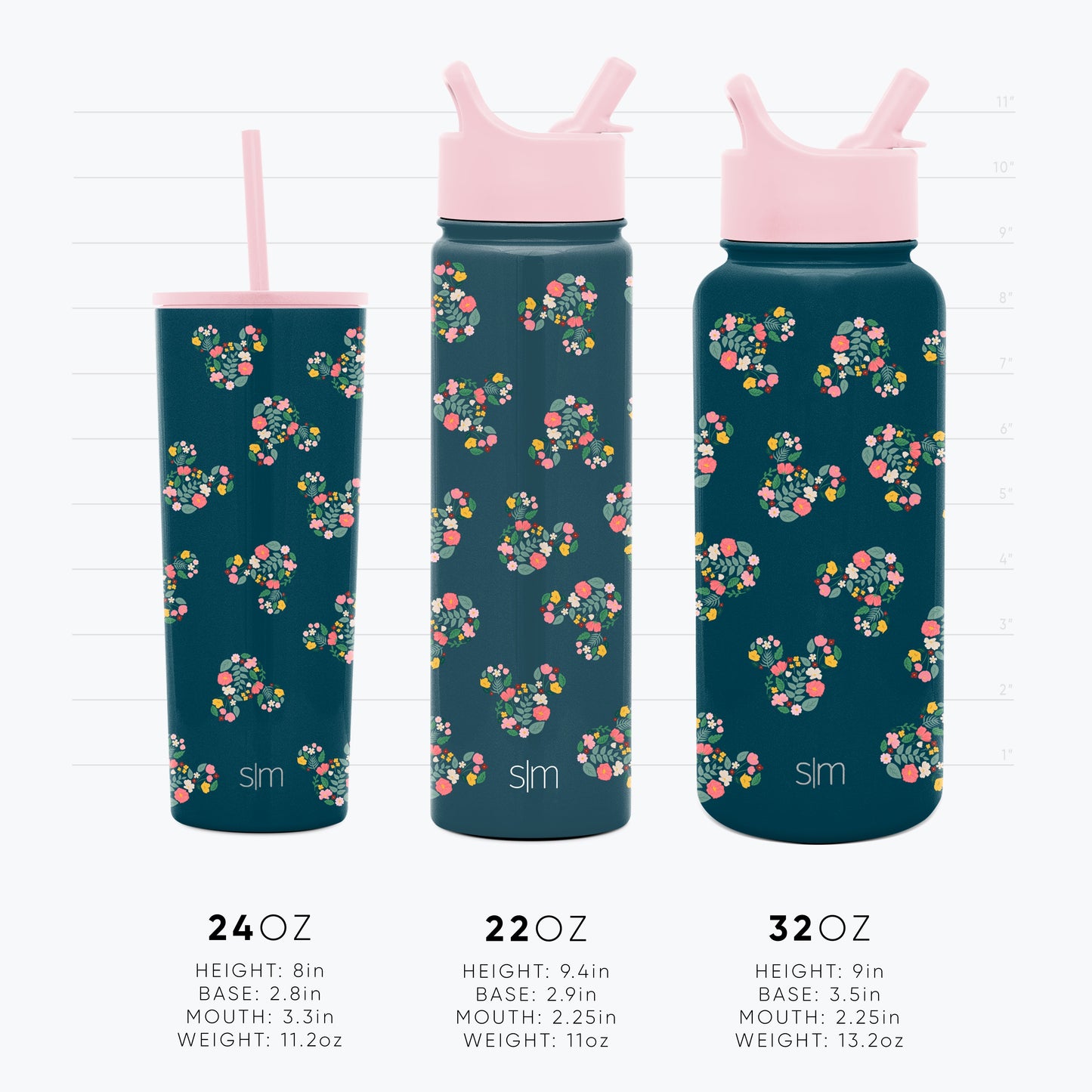 Three Disney drinkware vessels with teal bodies and pink lids and straws, displayed side by side for size comparison measurement purposes.