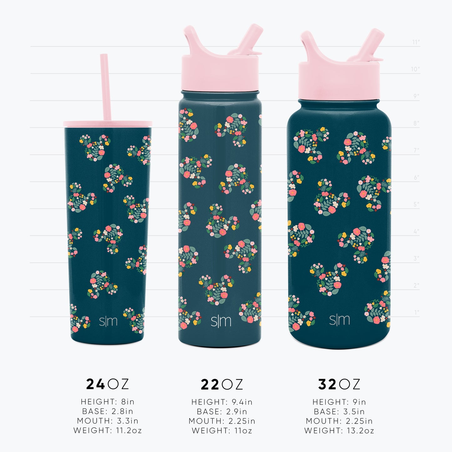 Three Disney ceramic vessels with teal-blue-green glaze featuring vibrant coral pink, pale pink, and yellow floral motifs throughout the design.
