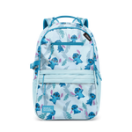 Light blue backpack with teal blue characters and leaf motifs, accented with dusty purple details.