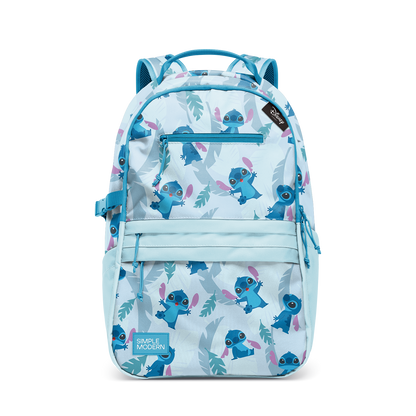 Light blue backpack with teal blue characters and leaf motifs, accented with dusty purple details.