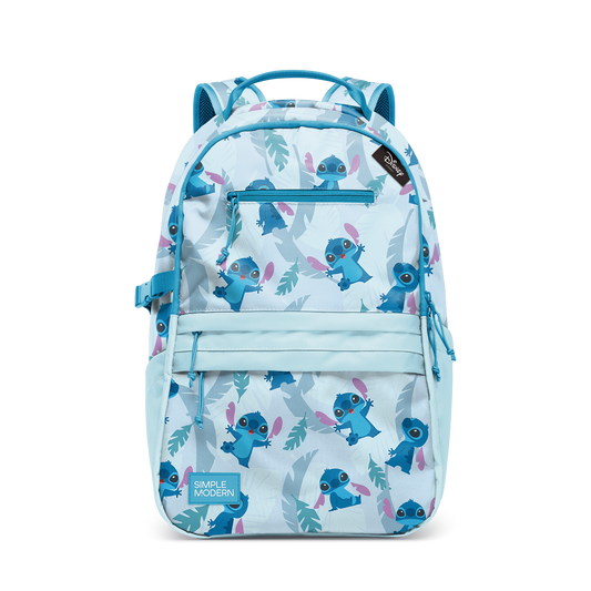 Light blue backpack with teal blue characters and leaf motifs, accented with dusty purple details.