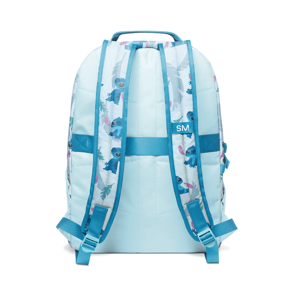 Light blue backpack with teal accents, white panels, and medium blue straps for contrast.