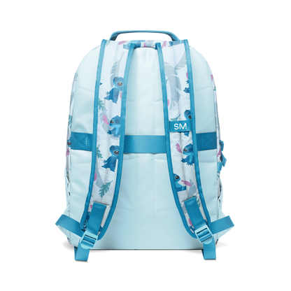 Light blue backpack with teal accents, white panels, and medium blue straps for contrast.