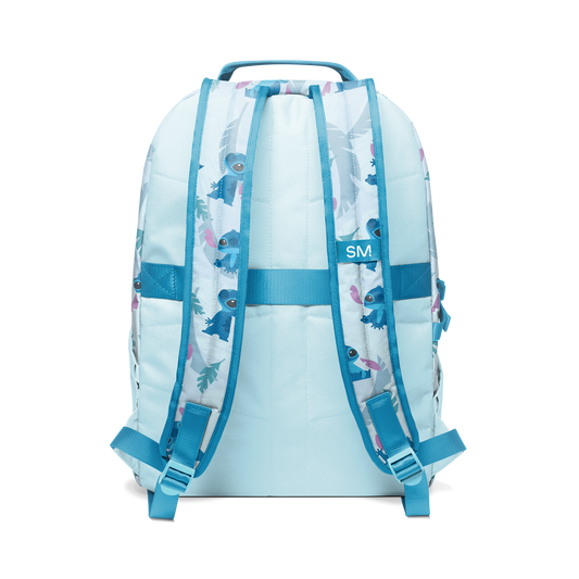 Light blue backpack with teal accents, white panels, and medium blue straps for contrast.